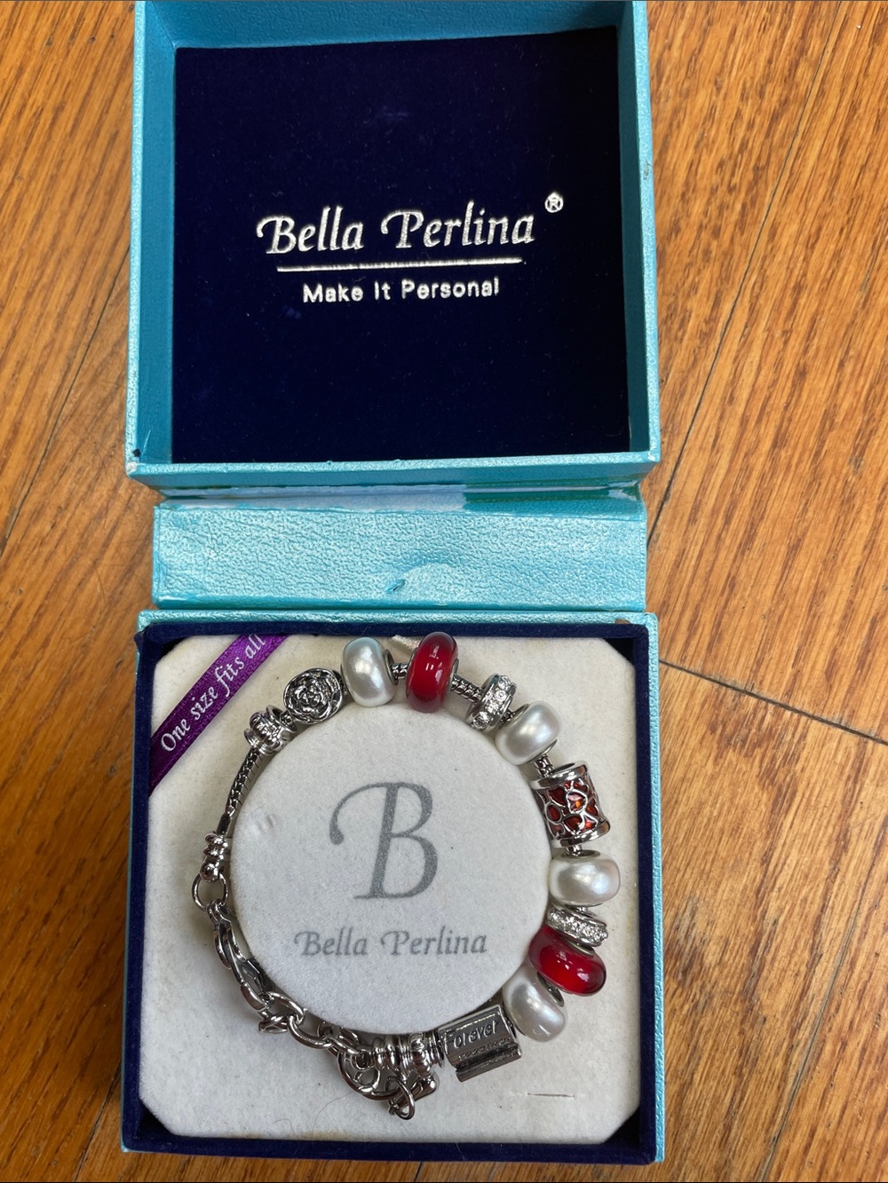 bella Perlina Silver Charm Bracelet with Red and Pearl Beads